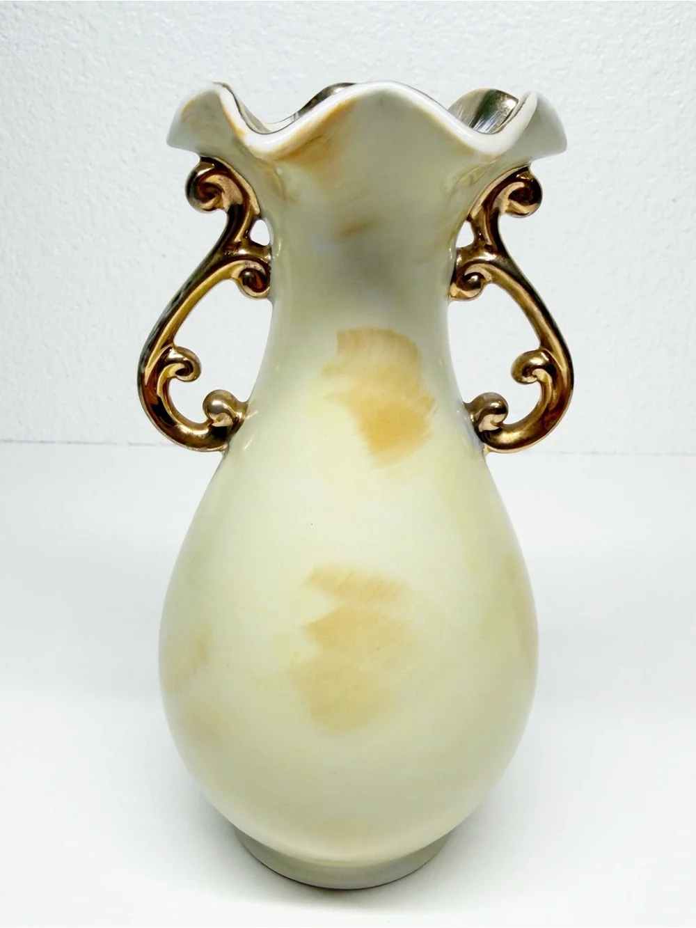 Vintage Enesco Japan Hand Painted Fruit Fluted Mini Urn Vase 6.5”